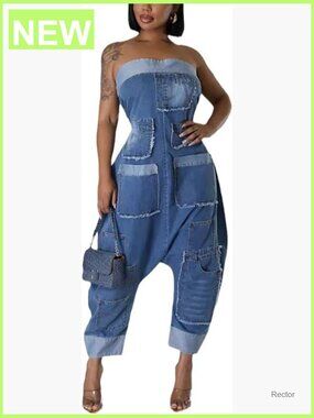 Strapless Denim Jumpsuit Women Cargo Multi Pockets Wide Leg Baggy Jean Romper